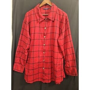 ISAAC MIZRAHI live WOMENS SZ L BUTTON DOWN RED PLAID LONG SLEEVE FLANNEL SHIRT